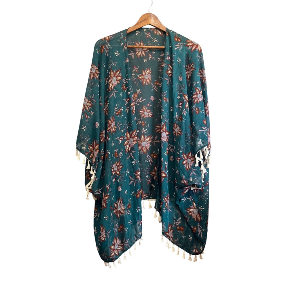 SHEIN Kimono Wrap Women 1XL Teal Floral Excellent Boho Tassel Fringe Cardigan